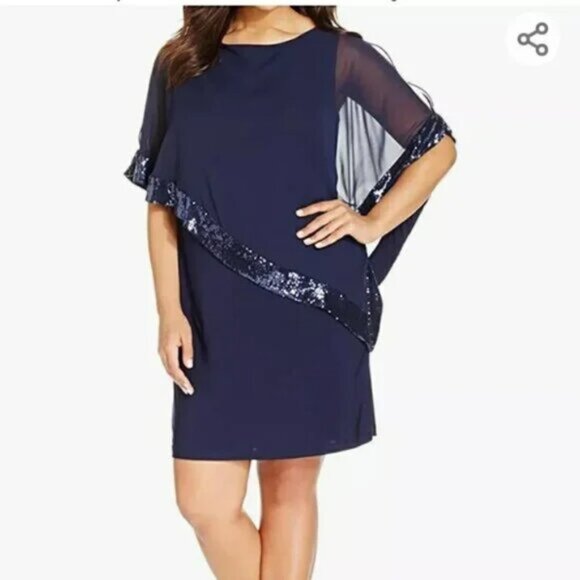 Xscape Navy Sequin Capelet Dress Size 12 Chiffon Asymmetrical Formal Cocktail - Picture 2 of 7